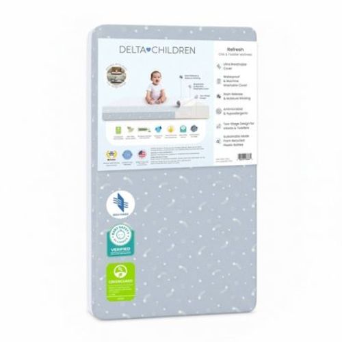 Delta Children Refresh 2-Stage Standard Crib and Toddler 5" Hybrid Mattress with Greenguard Gold - Blue