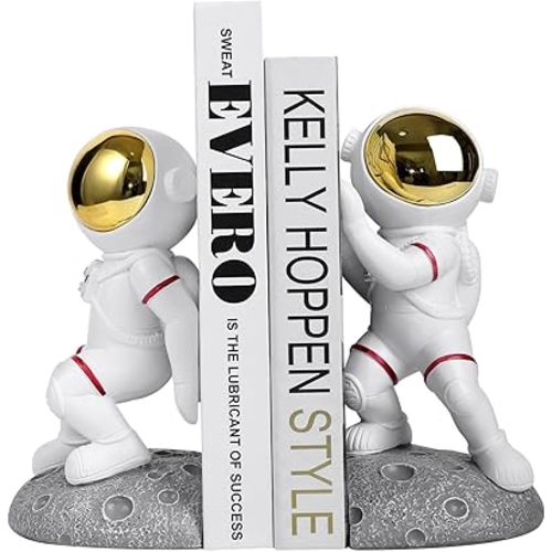 Astronaut Bookends - Space Theme for Shelves, Unique Office Home Room Heavy Duty Decorative Book Ends With Anti-Slip for Kids Rooms Decor - Boys Girl Idea Gift (Gray)
