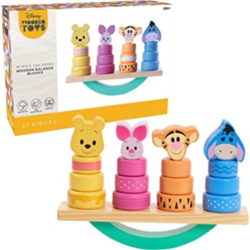 Just Play Disney Wooden Toys Winnie the Pooh Balance Blocks, 17-Piece Set, Officially Licensed Kids Toys for Ages 18 Month