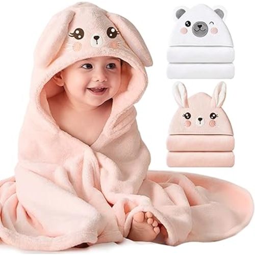 Konssy 2-Pack Hooded Baby Towels, 32" × 32" Soft & Absorbent Plush Fleece, Cute Animal Hood, Baby Bath Towels for Newborns & Toddlers, Boys & Girls
