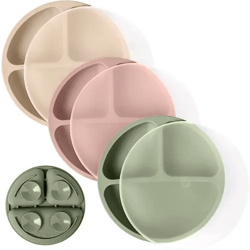 WeeSprout Suction Plates with Lids for Babies & Toddlers - 100% Silicone, Plates Stay Put with Suction Feature, Divided Design, Microwave & Dishwasher Friendly, 3 Pack
