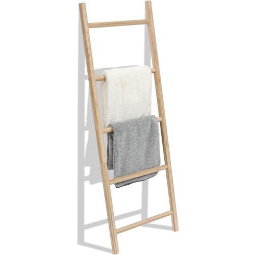 FUIN Fully Assembled 57in Bamboo Blanket Ladders Living Room Wood Decorative Wall Leaning Farmhouse Quilt Display Holder Rustic Wooden Towel Rack for Bathroom, Unfinished