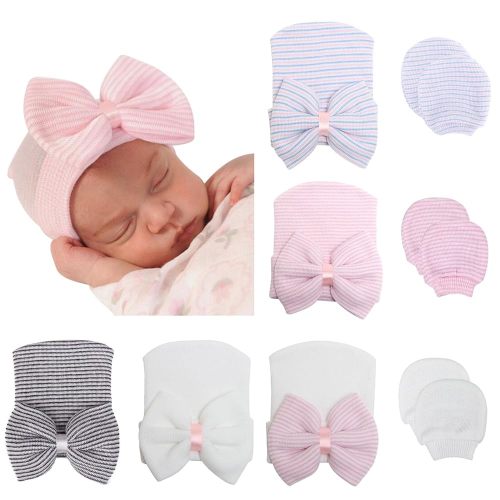 BQUBO Newborn Baby Caps Mittens for Baby Girls Baby Hats Scratch Mitten Gloves Set Soft Hospital Hat Infant Hats with Bow