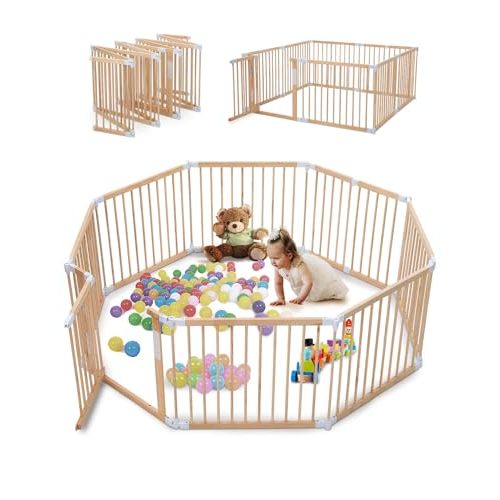 Kidirect Wooden Playpen Foldable, Baby Gate Playpen Pre-Assemble, Extra Large Play Pen for Babies and Toddlers, Foldable Play Pen with Adjustable Shape Indoor Outdoor, Baby Fence Activity Center
