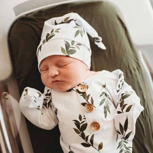 Olive Leaf Newborn Baby Knot Gown & Hat Set: Hospital Outfit
