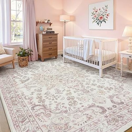 Wonnitar Floral Washable 8x10 Rug, Pink Area Rug for Bedroom Girls, Soft Non Slip Ultra-Thin Large Boho Vintage Home Decor Carpet for Living Room Nursery Dining Room Girl Room