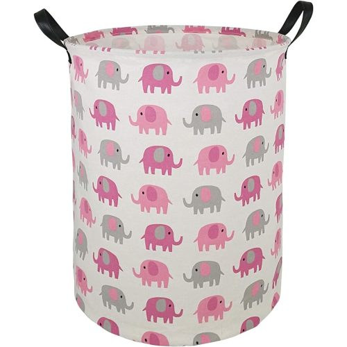 HUAYEE 19.7 Laundry Hamper Toys Box Storage Bins Canvas Waterproof Collapsible Clothes Organizer Basket with Handle Freestanding Large Cute Light Weight for Home Kids Baby Room(elephant) - pink grey elephant
