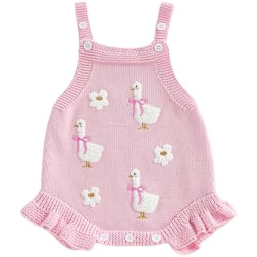 Infant Baby Girl Outfit Goose Floral Embroidery Sleeveless Crochet Knit Sweater Romper Bodysuit Toddler Fall Clothes