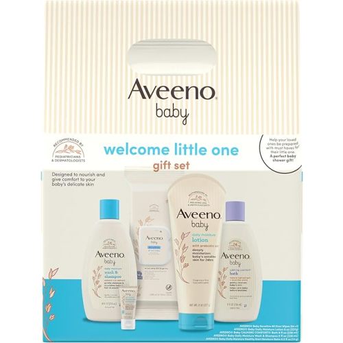 Aveeno Baby Welcome Little One Gift Set, Baby Skincare Set with Nourishing Baby Body Wash & Shampoo, Calming Bath Wash, All Over Baby Wipes, Daily Moisturizing Lotion, & Baby Balm, 5 Items