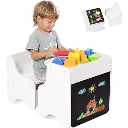 Tilhumt 2-in-1 Montessori Weaning Table and Chair Set with Chalkboard for Toddlers Age 1-4, Wooden Height Adjustable Chair, Kids Activity Table for Learning, Drawing, Dining, Easy Storage