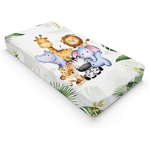 Jungle Safari Animals Tropical Leaves Flowers Changing Pad Cover Lion Elephant Zebra Giraffe Hippo Change Table Covers for Boys Girls Soft Stretchy Diaper Changing Mat Sheets Cover 32''x16''