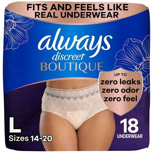 Always Discreet Boutique Incontinence and Postpartum Underwear for Women, Maximum Protection, Large, Rosy, 18 Count