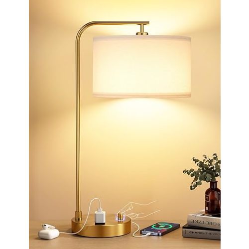 Gold Table Lamp with USB Port and Outlet, Dimmable Nightstand Bedside Lamps with Linen Lampshade, Desk Lamp for Bedroom, Living Room, Guest Room, Home Office, LED Bulb Included