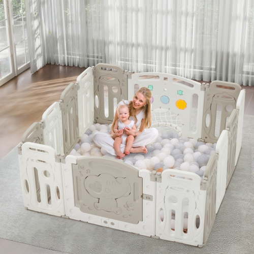 Baby Playpen,Foldable Plastic Playpen for Babies and Toddlers,14 Panels Fence with Lockable Door,Music Player,Soccer Goal,Spinning Gears,Gray and White