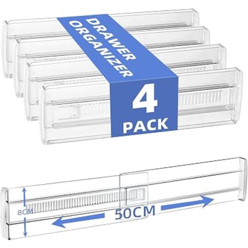 4 Pack Acrylic Drawer Organizers and Dividers, Adjustable & Expandable Drawer Separators for Kitchen, Bathroom, Wardrobe, Clothing, Underwear, Office Organization (11-20 Inch)
