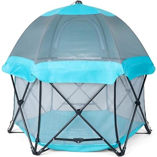 Regalo Safety My Play Deluxe Baby Playpen & Portable Play Yard with Canopy, Foldable 6-Panel Indoor Outdoor Playpen for Babies & Toddlers, Mesh Sides, Washable Nylon Bottom, 48", Aqua/Black