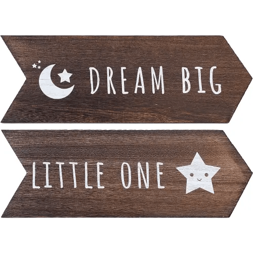 Dream Big Little One Sign - 2 Pcs Nursery Wall Decor, Moon and Stars Gender Neutral Nursery Decor, Rustic Wooden Arrow Playroom Art, Boy Girl Toddler Woodland Decoration, 14 x 5 inch, Brown