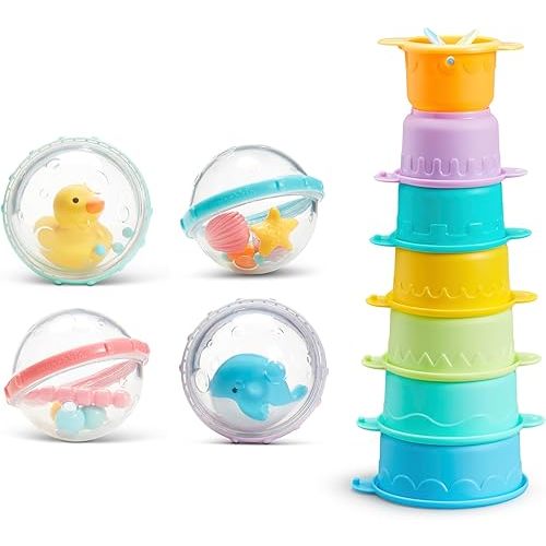 Munchkin Float and Play Bubbles and Connect-A-Cup Stacking, Linking and Straining Bath Cups for Babies and Toddlers