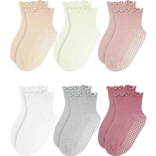 Girls Ruffle Socks - Baby Toddler Non-Slip Socks with Grips - Indoor Soft Cotton Frilly Ankle Sock