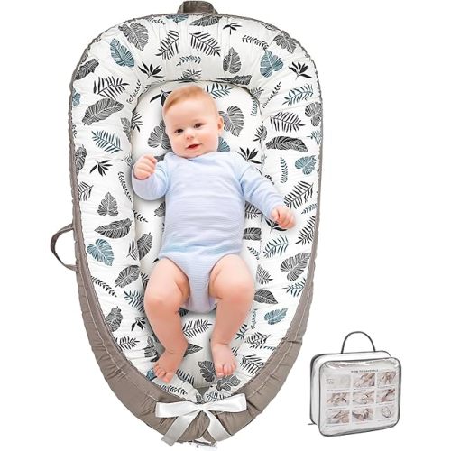 Baby Lounger, Ultra Breathable Soft Cotton Perfect for Tummy Time, Portable & Adjustable Infant Floor Seat for Traveling | Newborn Shower Gift(Cosy Leaves)