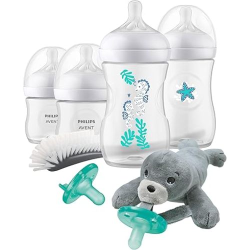 Philips AVENT Natural Response Baby Gift Set, 4X Natural Response Bottles: 2X 4oz with Nipples Flow 2 and 2X 9oz with Nipples Flow 3 with Seahorse and Starfish Design, 2X Soothie Pacifiers, SCD838/06