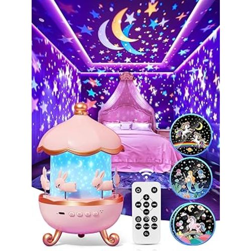 Carousel Night Light for Kids, 15 Music+15 Films+315 Colors Star Projector for Kids Night Light Projector,360°+Remote+1200mah Unicorn Toys for Girls Room Decor, Valentines Gifts for Kids, Girls, Baby