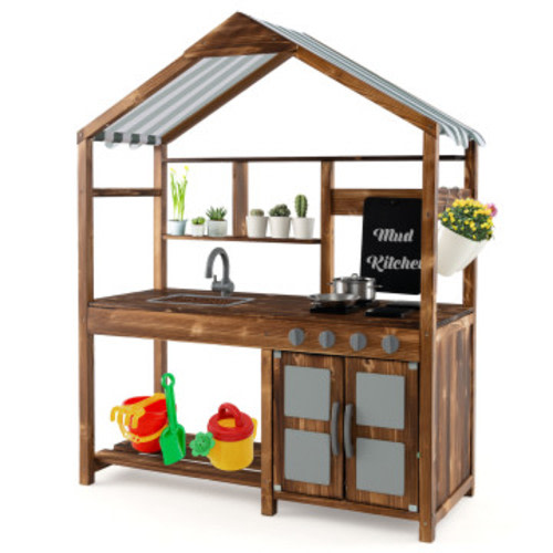 Kids Mud Kitchen Outdoor Solid Wood Mud Kitchen with Canopy-Natural