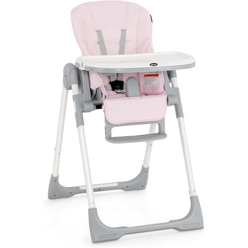 INFANS High Chair for Babies & Toddlers, Foldable Highchair with Multiple Adjustable Backrest, Footrest and Seat Height, Removable Tray, Detachable PU Leather Cushion, Built-in Rear Wheels (Pink)