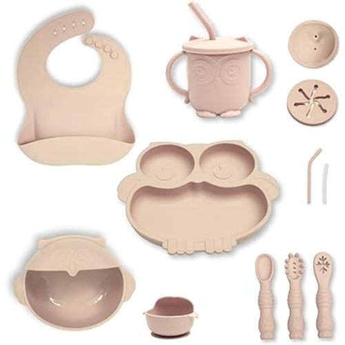 Eco-Friendly Silicone Baby Feeding Set, Owl Utensils, Silicone Bib, Suction Bowl & Plate, Soft-Tip Spoons & Fork, Toddler Cup with Lids (Beige)