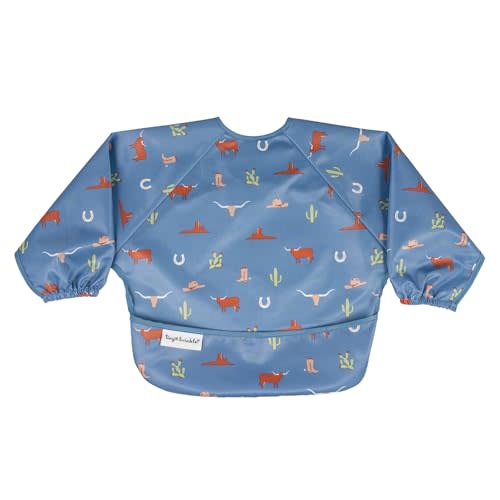 Tiny Twinkle Mess Proof Baby Bib|Waterproof Smock Bib for Eating,Machine Washable Full Sleeve with Pocket(Denim Cowboy, Small 6-24 Months)