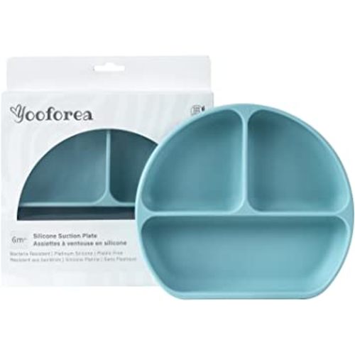 Yooforea Platinum Silicone Baby Suction Plate (Upgraded), Baby Led Weaning Plate, 100% Food Grade Silicone, Non Sticky Stain Resistant by UV Treatment, Dishwasher, Microwave Safe, BPA BPS Free - Fog