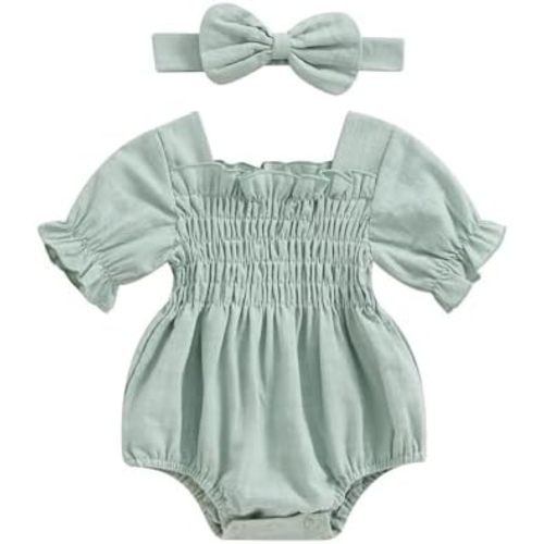 Infant Baby Girls Romper Ruffle Sleeve Pleated Smocked Bubble One Piece Ruched Jumpsuit Boho Summer Bodysuit