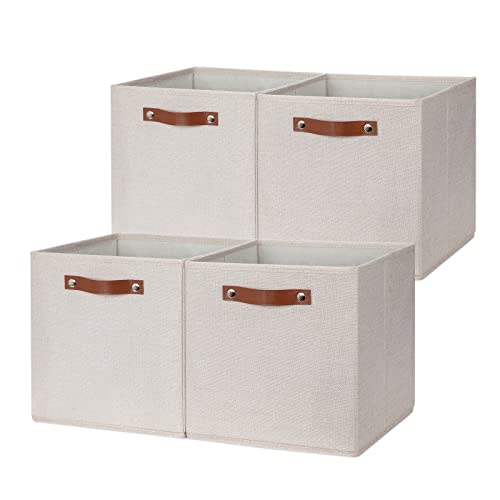 DULLEMELO 12inch Cube Storage Baskets for Shelves Closet Storage,Sturdy Home Organization Bins for Gifts Empty,Foldable Fabric Storage Cubes Baskets for Nursery Toys Clothes Storage(Beige-4 Pack)