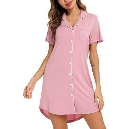 Pjmlifecoco Women Nightgowns Short/Long Sleeve Nightshirt Button Down Sleepshirt Pajama Dress Sleepwear S-XXL