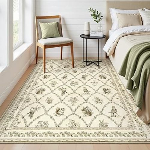5x7 Washable Rug for Bedroom, Beige Floral Rugs for Living Room, Large Soft Non Slip Ultra-Thin Indoor Boho Carpet for for Kids Playroom, Classroom, Girls Dorm, Nursery, Beige