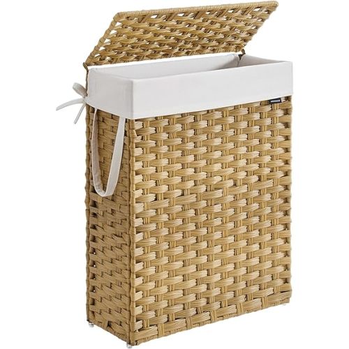 SONGMICS Slim Laundry Hamper with Lid, 14.5 Gallon (55L) Rattan Clothes Laundry Basket with Lid and Handles, Foldable, Removable Liner, Goose Yellow ULCB164N01