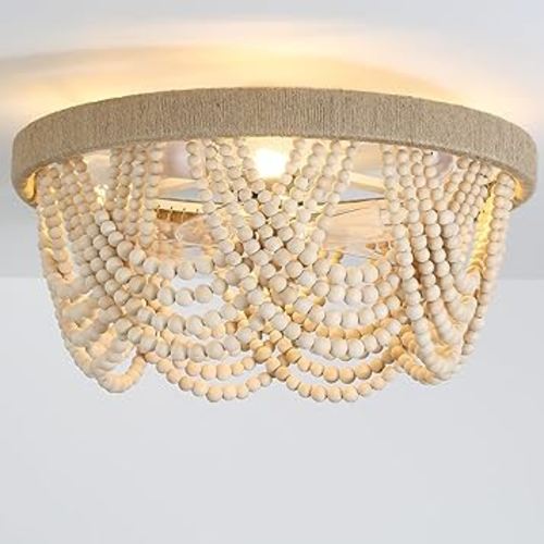 Boho Wood Bead Ceiling Fan with Light and Remote, 20‘’ Bohemian Flush Mount Ceiling Fans with 6 Speeds, Caged Ceiling Fan Lights for Nursery Bedroom Living Room