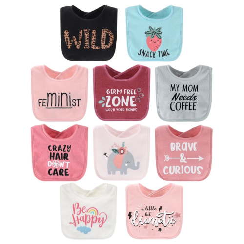 The Peanutshell 10-Pack Toddler Cotton Wearable Terry Feeding Baby Girl Bibs, Wild Child Collection