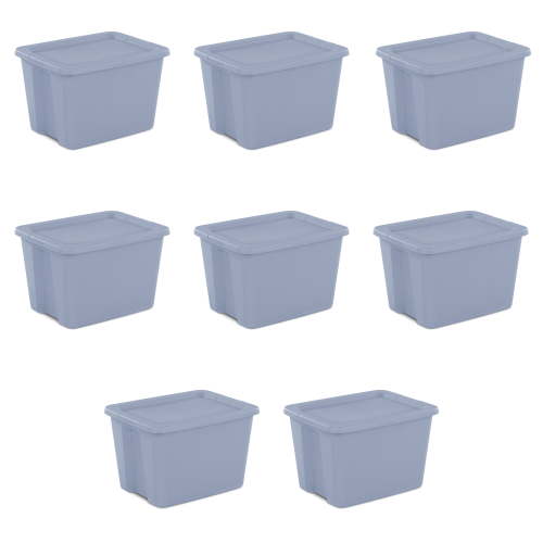 Sterilite Large Storage Bin, 18 Gallon Plastic Storage Container with Snap-On Lid, Light Blue, 8 Count