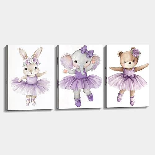 Nursery Canvas Wall Art 3 Piece Bunny Elephant Bear with Purple Skirts Picture Cute Animal in Dance Painting Prints for Kids Room Living Room Wall Decor Framed(Art-1,11.00"x14.00"x3P)