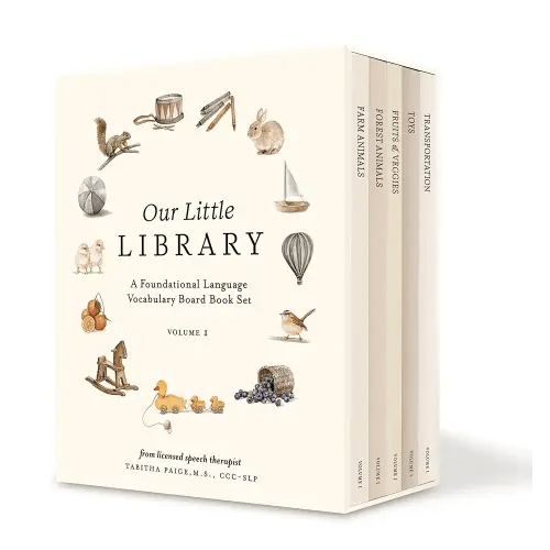 Our Little Library: A Foundational Language Vocabulary Board Book Set for Babies, Including Farm Animals, Forest Animals, Fruits and Veggies, Toys, and Transportation (Our Little Adventures Series)