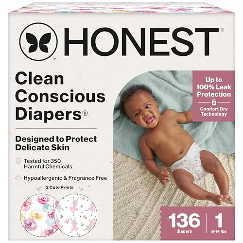 The Honest Company Clean Conscious Diapers for Sensitive Skin | Hypoallergenic, Fragrance Free | Girl Prints | Super Club Box, Size 1 (8-14 lbs), 136 Count (Prints May Temporarily Vary)