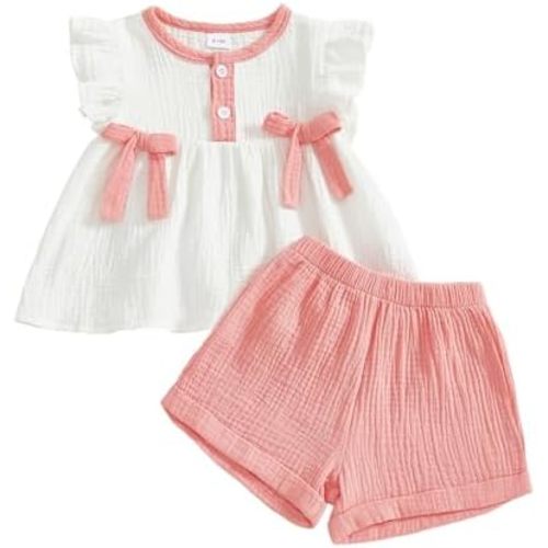 Amnnchya Toddler Girl Clothes Baby Summer Spring Outfits Cute Bow Button Smocked Ruffle Sleeve Tops ＋ Girls Shorts Set