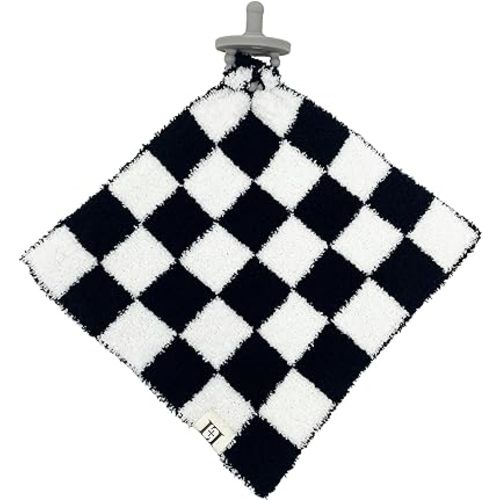 Checkered Baby Lovey Pacifier Holder 10"x10" - Cuddly Soft Knitted Soothie Reversible Mini Comfort Security Blanket - Snuggle Newborn Gift Essential for Babies Boys and Girls (Black/White)