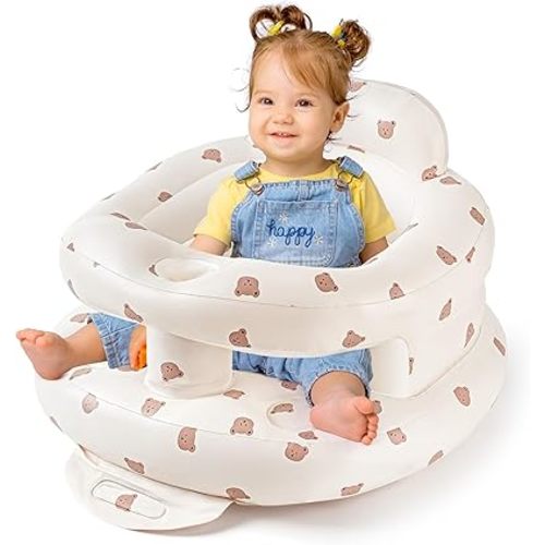 Inflatable Baby Seat for Babies 3-36 Months, Baby Chair with Fence & Built in Air Pump, Blow Up Floor Baby Seat with Back Support, Baby Sit Up Chair for Home, Travel (Bear-Large)