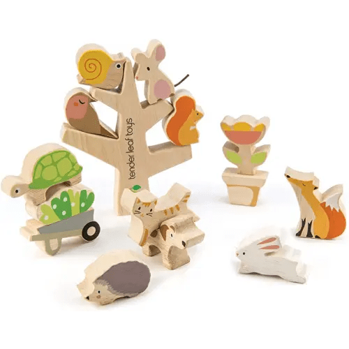 Tender Leaf Toys - Stacking Garden Friends - 14 Pcs Wooden Stacking & Balancing Toy & Educational Game with Free Travel Bag - Early Learning Develops Strategic Thinking & Fine Motor Skills - Age 18m+