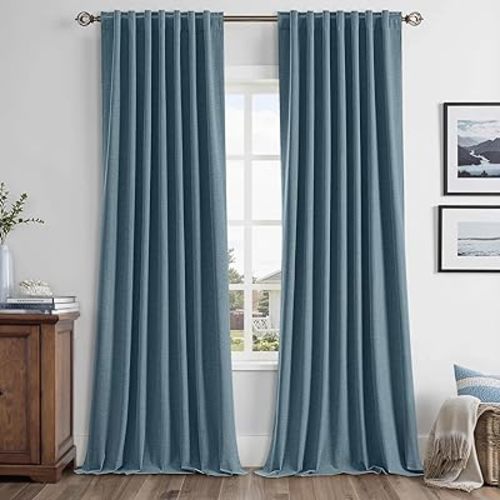 MIULEE 100% Blackout Linen Curtains for Bedroom, Stone Blue Solid Luxury Decor Thermal Insulation Room Darkening Draps for Living Room Nursery Back Tab Rod Pocket 42 x 96 Inches, 2 Panels
