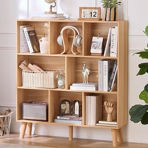 LEYAOYAO Wooden 8 Cube Book Shelf, Natural 3 Tier Bookshelf with Legs, Modern Open Storage Organizer,Boho Bookcase,Display Cabinet Shelf Free Standing Bookshelves for Bedroom,Living Room,Office