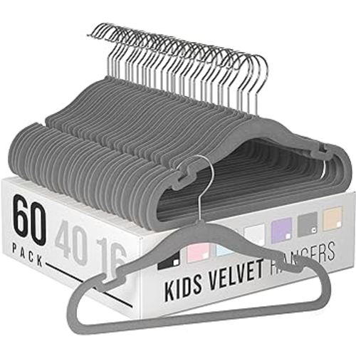 Clothes Baby Hangers for Closets - Unique Notches for Non Slip. Heavy-Duty Velvet Kids & Toddler Hangers for Closet | Ultra Thin Design for Space Saving. Ganchos De Ropa para Bebe (60 Pack Grey)