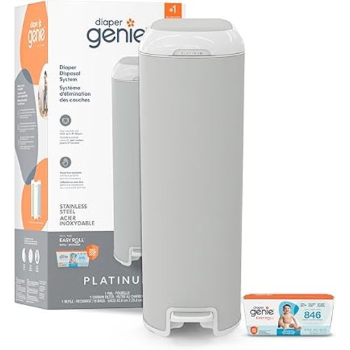 Diaper Genie Platinum Pail (Stone Grey) is Made in Durable Stainless Steel and Includes 1 Easy Roll Refill with 18 Bags That can Last up to 5 Months.